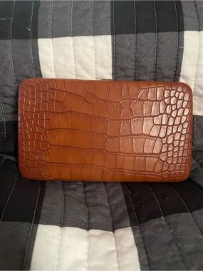 Faux Leather Clutch Wallet with Croc Embossed Pattern in Cognac Brown